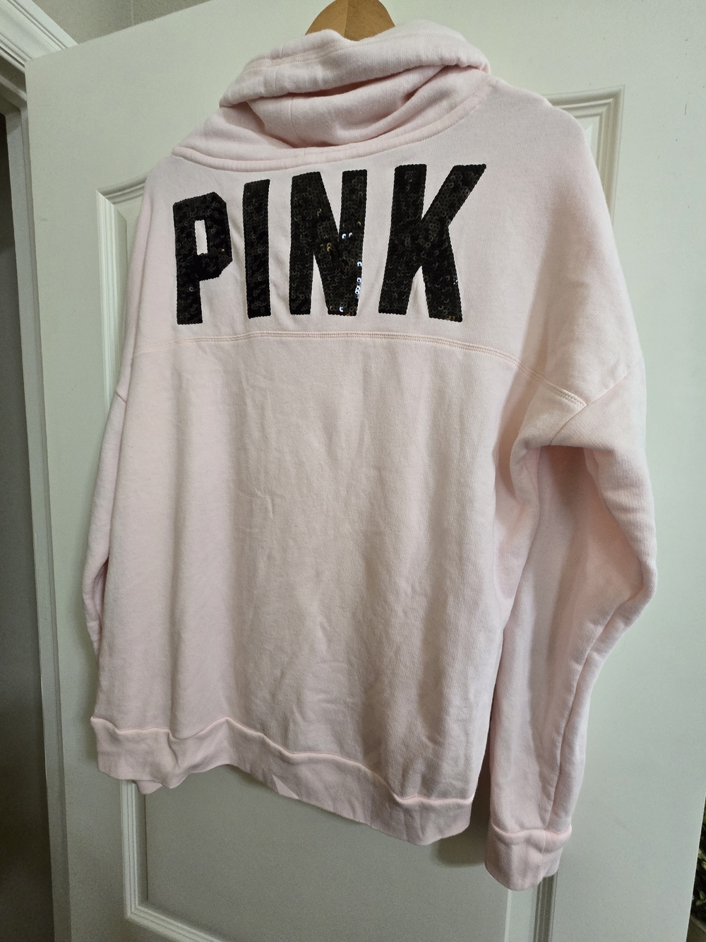 PINK Victoria's Secret Pullover Hoodie - Light Pink Sequin Sleeve Women's Top - Picture 8 of 11